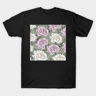 The white and pink peonies in a lovely pattern pale green background T-Shirt